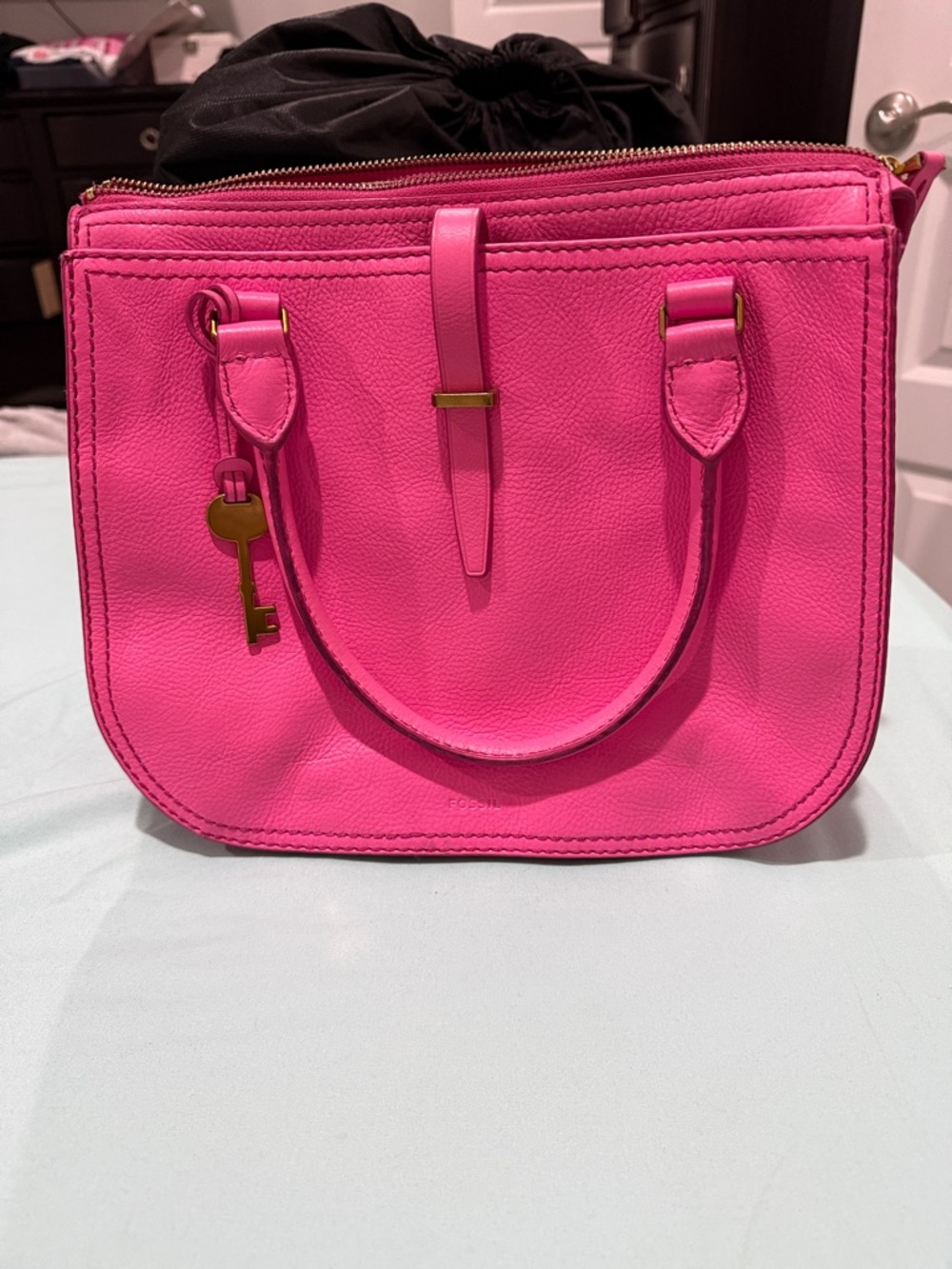 Fossil Hot Pink Ryder Satchel Leather Satchel with Key Charm
